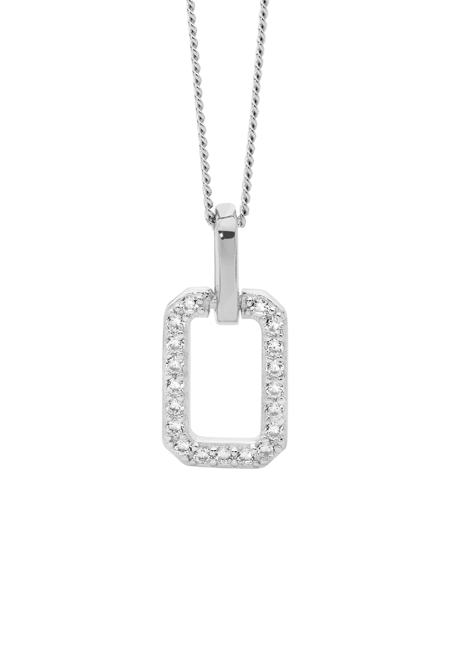 Ellani Sterling Silver Open Rectangle Pendant with White Cubic Zirconia