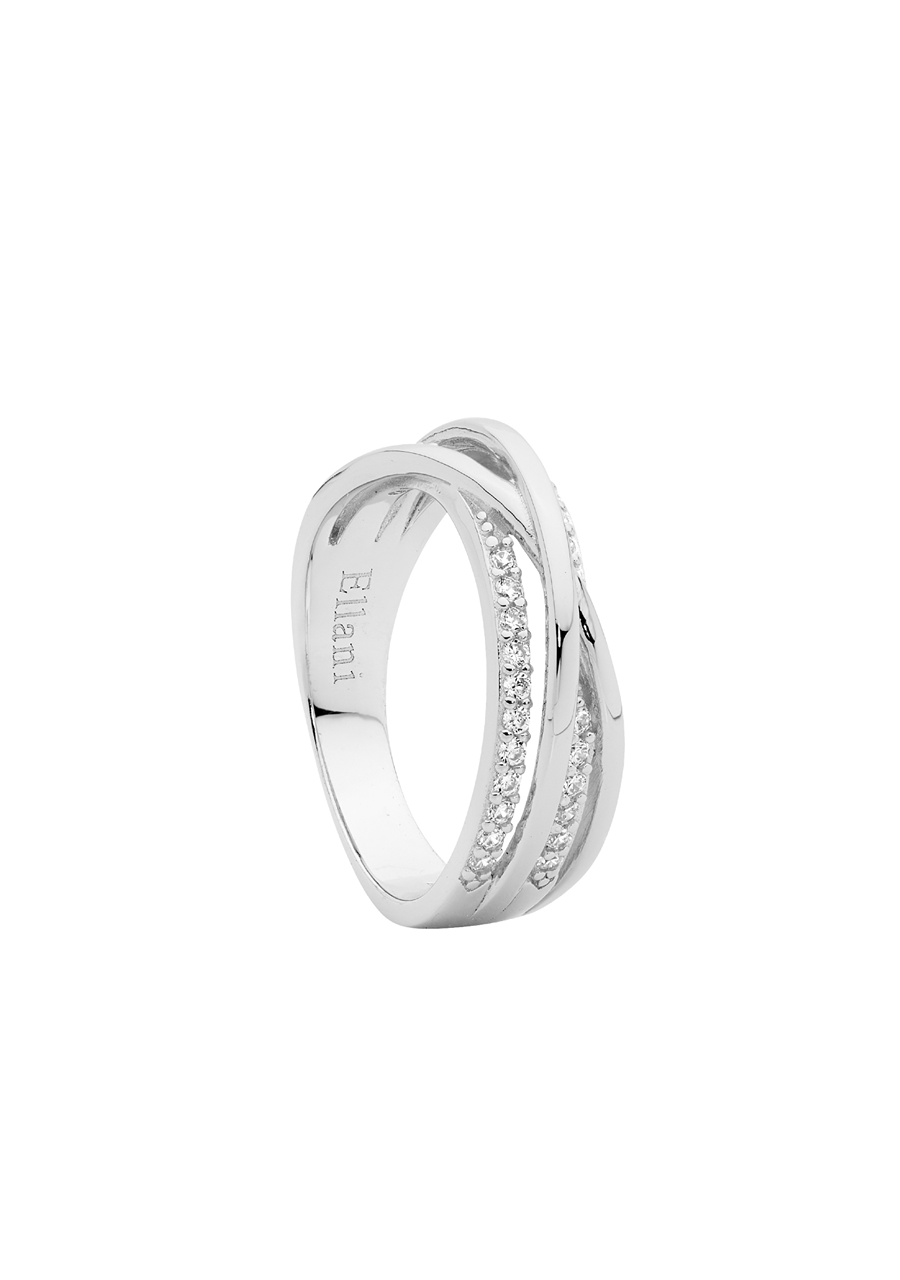 Ellani Sterling Silver White Cubic Zirconia Openwork Crossover Ring