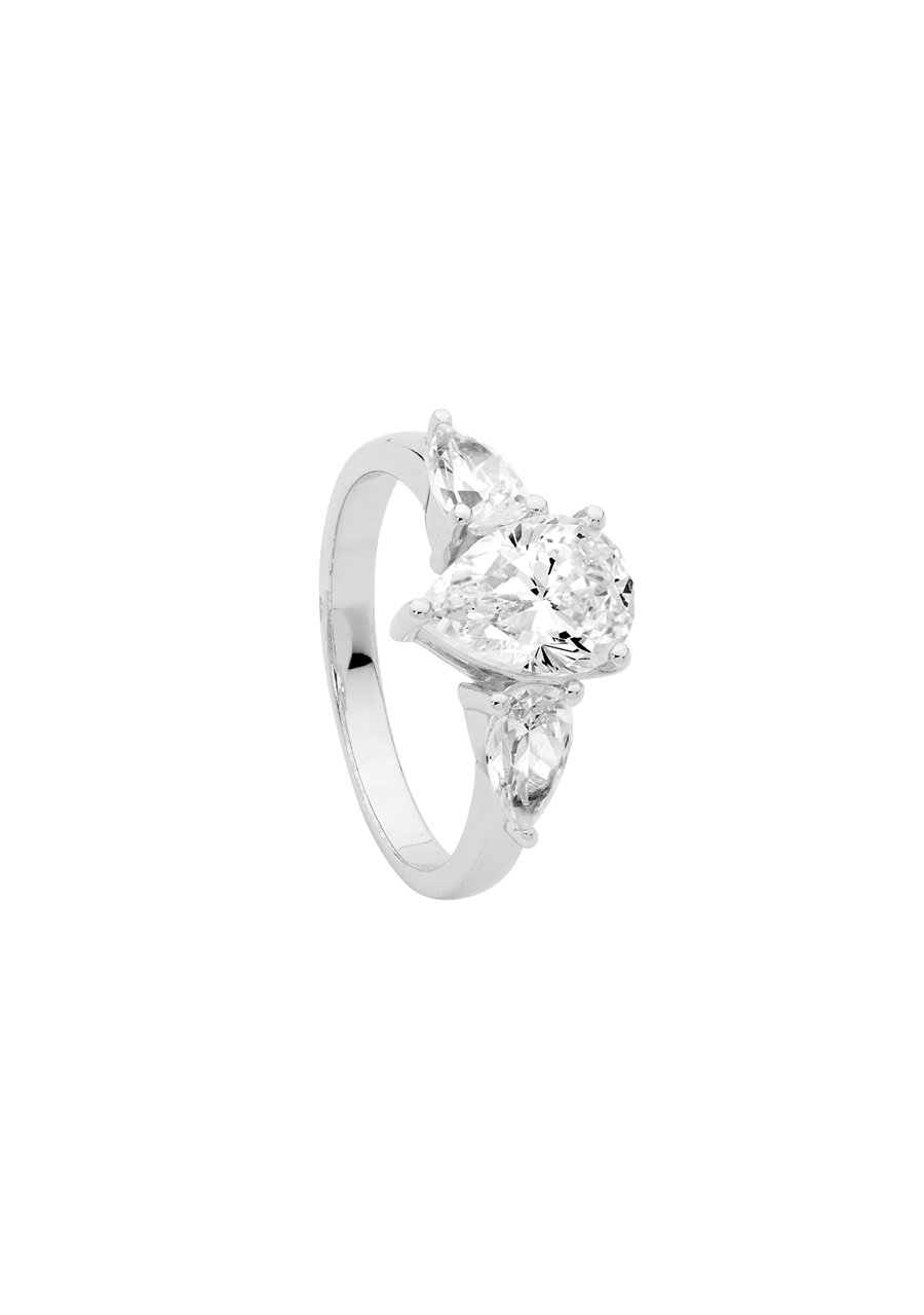 Ellani Sterling Silver Fancy Trilogy Pear Cut White Cubic Zirconia Ring