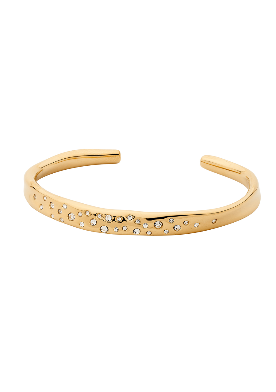 Ellani Stainless Steel Yellow Gold Plated Cuff Bangle with Scattered White Crystals