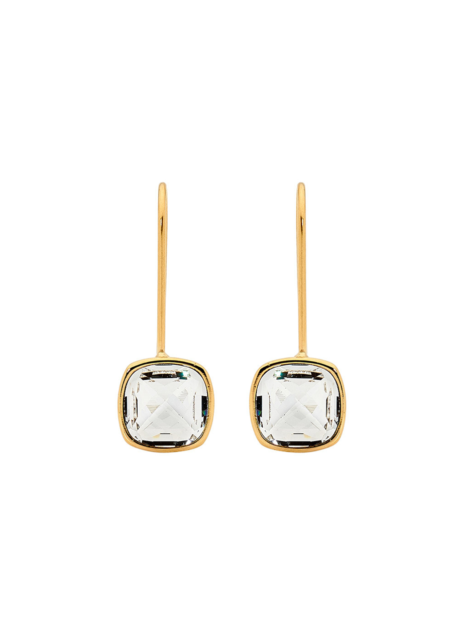 Ellani Stainless Steel Yellow Gold Plated White Cubic Zirconia Princess Cut Bezel Set Drop Earrings
