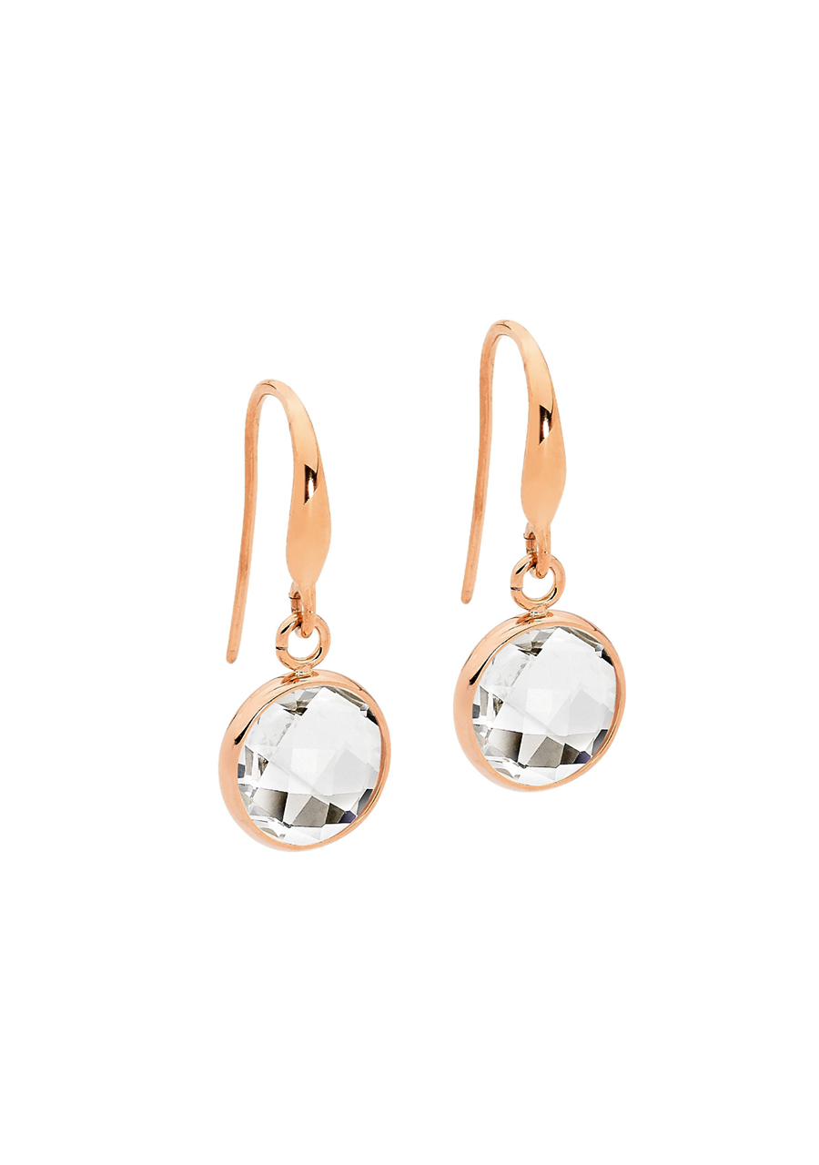 Ellani Stainless Steel & Rose Gold Plated White Glass Hook Drop Earrings