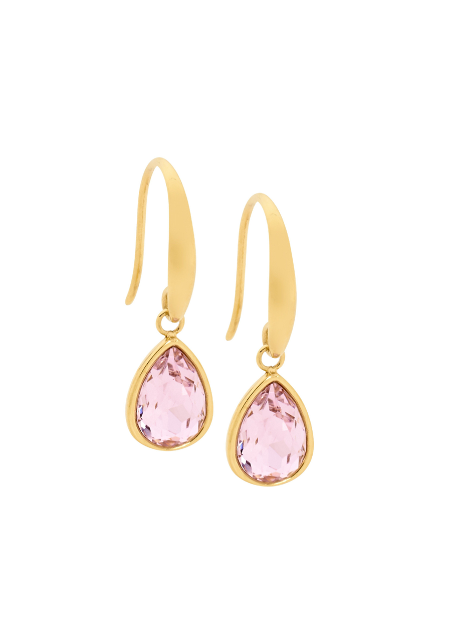Ellani Stainless Steel Yellow Gold Plated Tear Drop Hook Earrings with Pink Glass