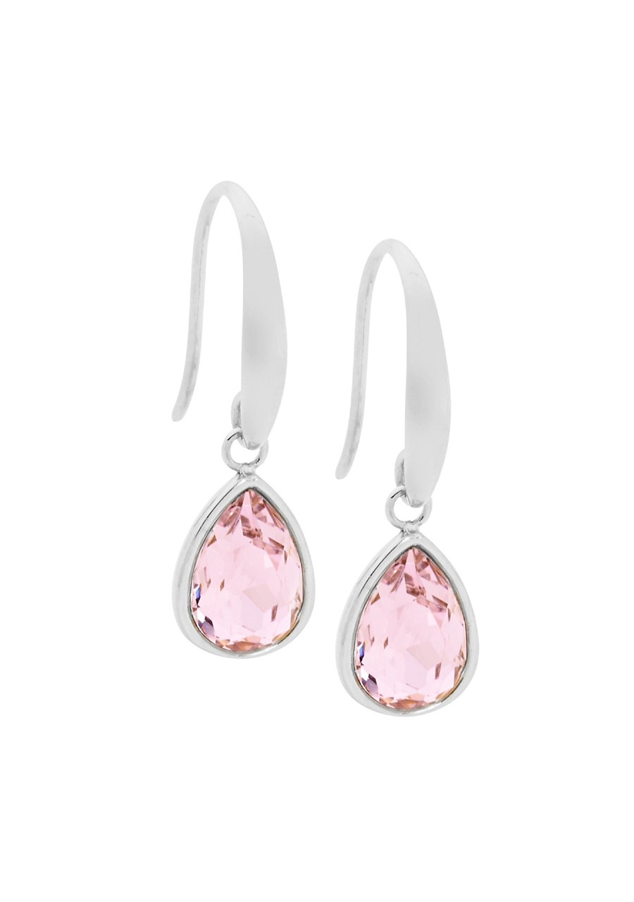 Ellani Stainless Steel Tear Drop Hook Earrings with Pink Glass