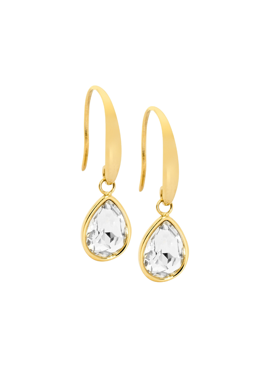 Ellani Stainless Steel Yellow Gold Plated Tear Drop Hook Earrings with White Glass