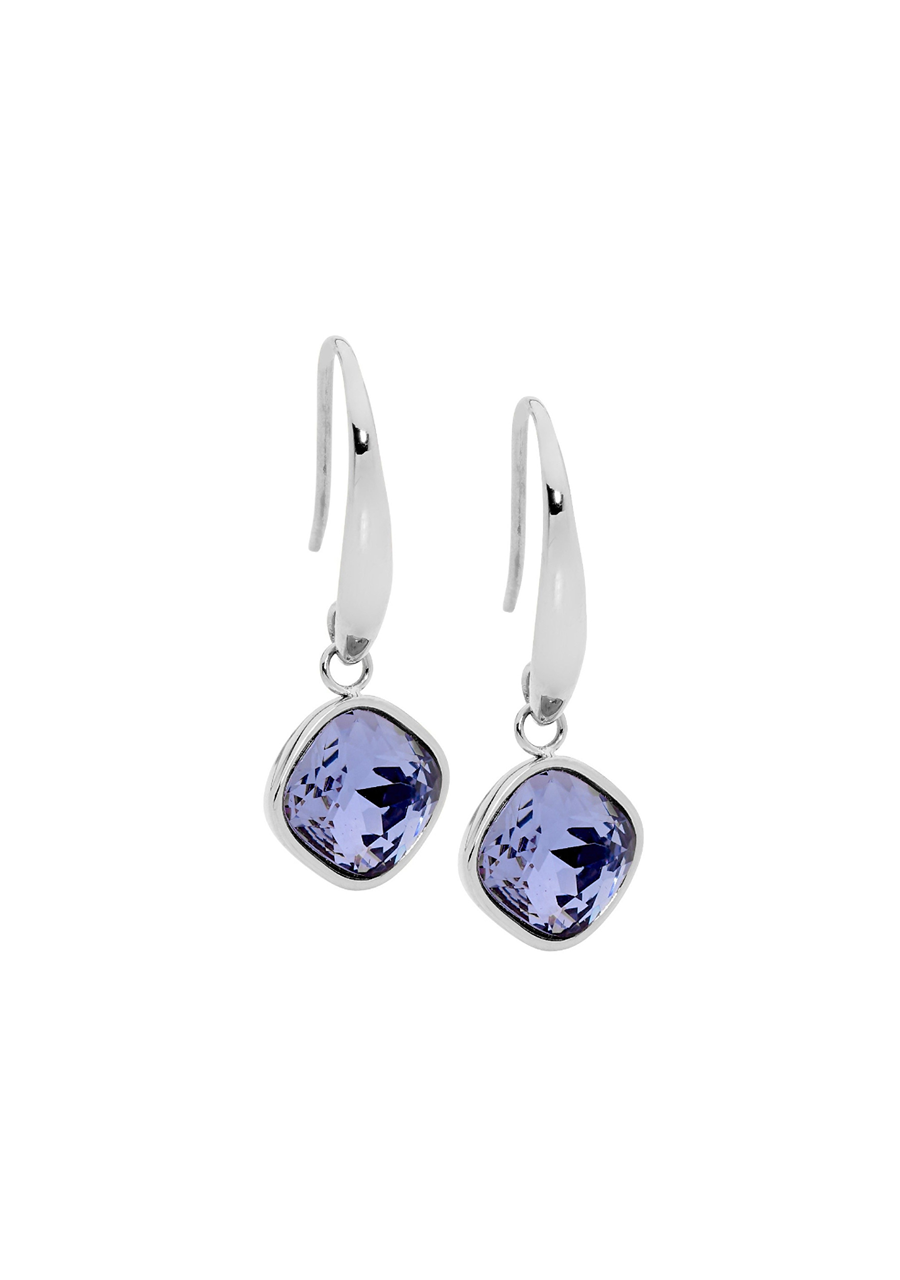 Ellani Stainless Steel Amethyst Glass Square Hook Drop Earrings