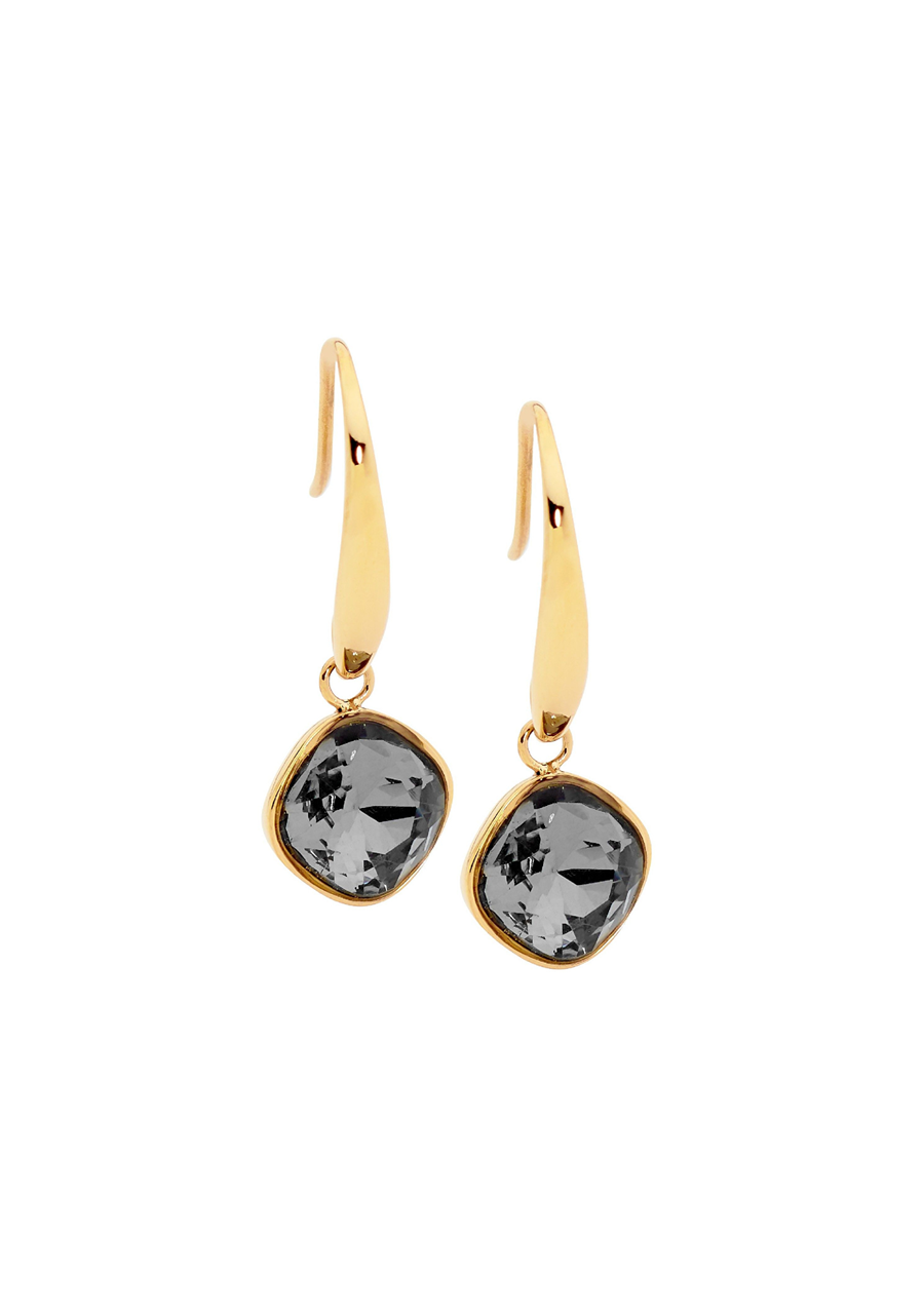 Ellani Stainless Steel Yellow Gold Plated Black Glass Square Hook Drop Earrings