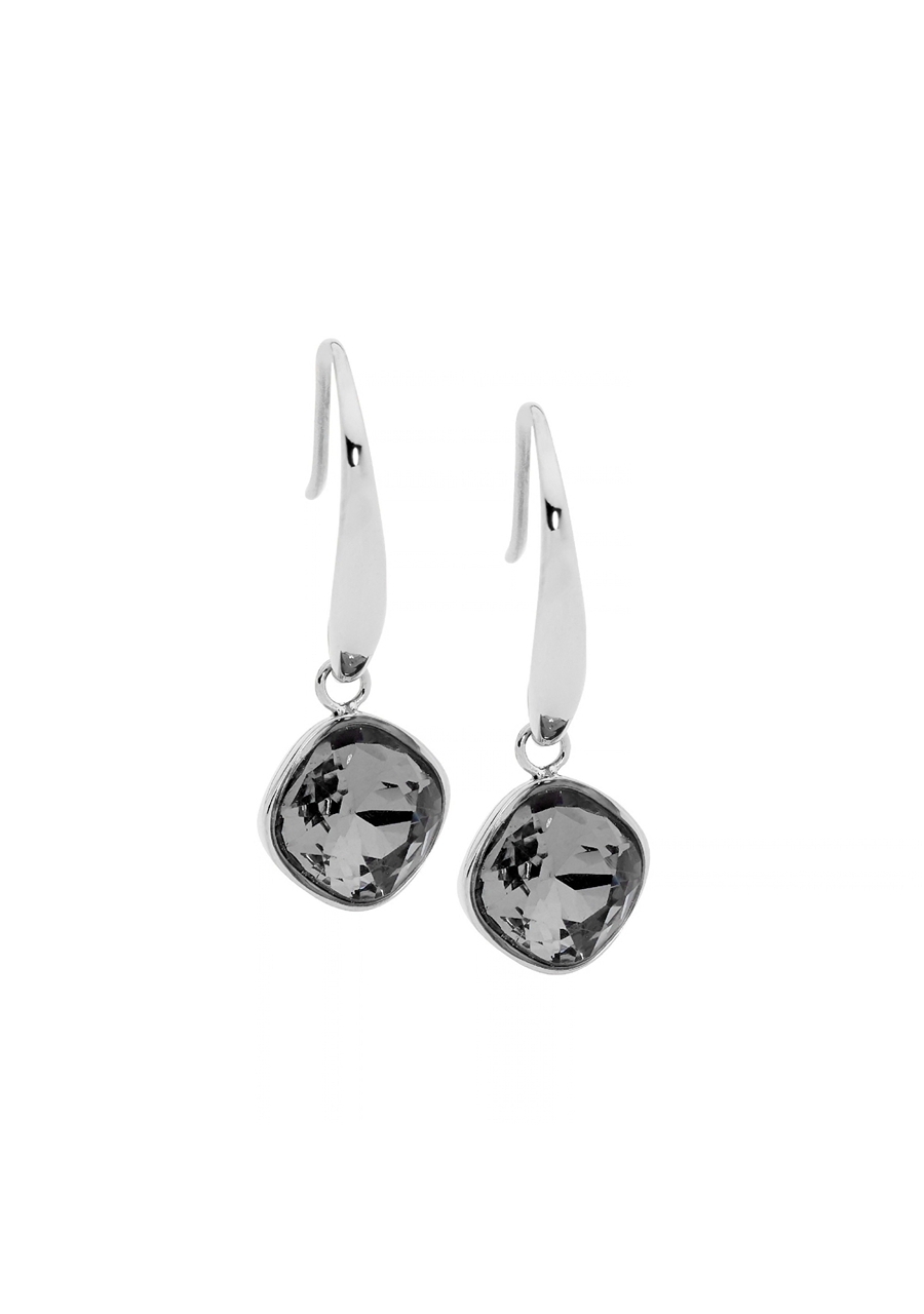 Ellani Stainless Steel Black Glass Square Hook Drop Earrings