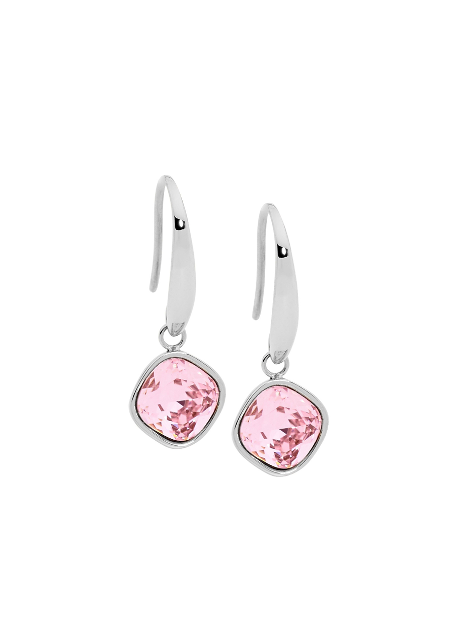 Ellani Stainless Steel Pink Glass Square Hook Drop Earrings