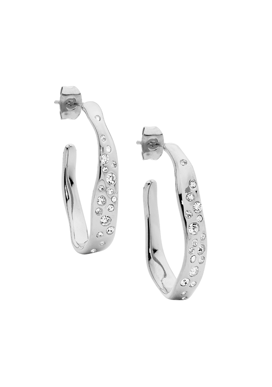 Ellani Stainless Steel 31mm Hoop Earrings with Scattered White Crystals