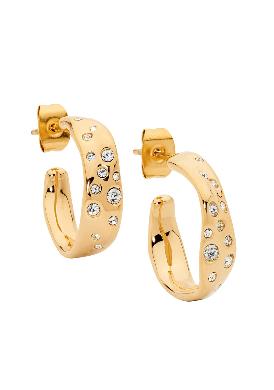 Ellani Stainless Steel Yellow Gold Plated 20mm Hoop Earrings with Scattered White Crystal