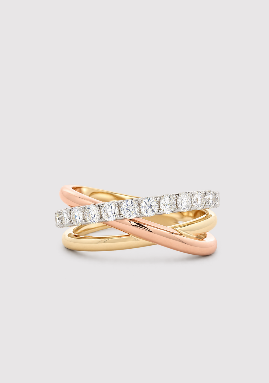 14ct Tri-Tone Gold Diamond Crossover Ring