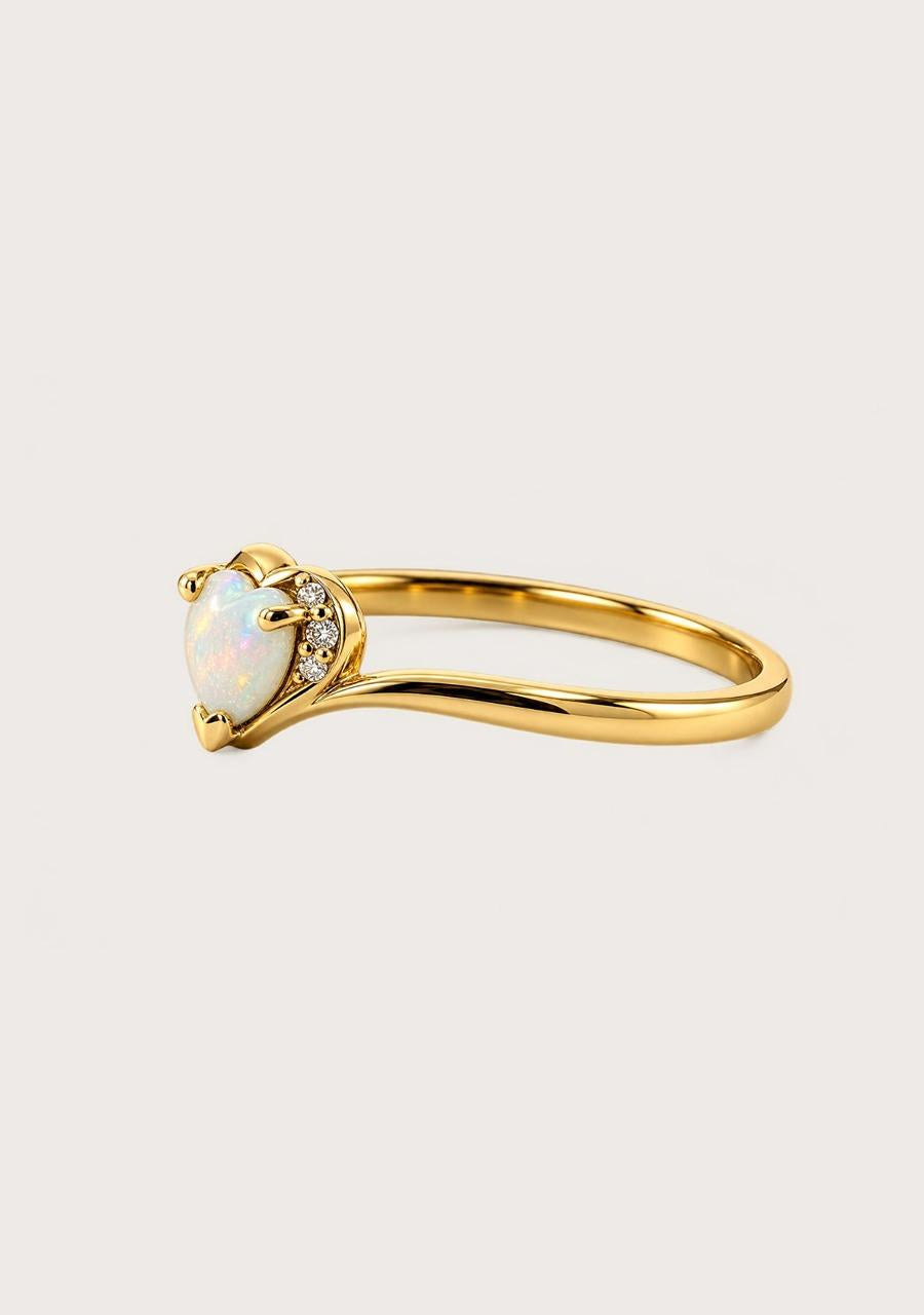 Estate 9ct Yellow Gold Heart White Opal Crystal & Diamond Ring