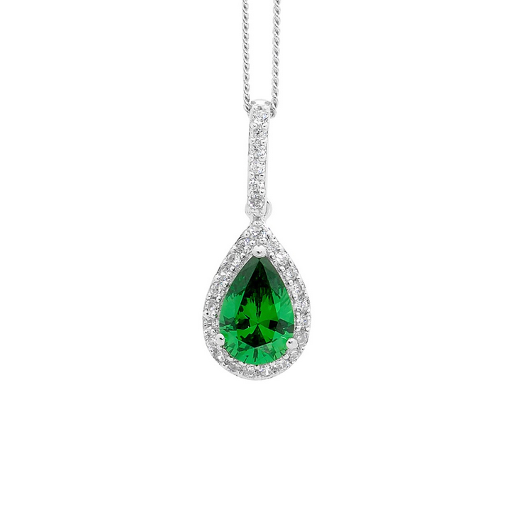 Ellani Sterling Silver Green CZ Pear Prop Pendant