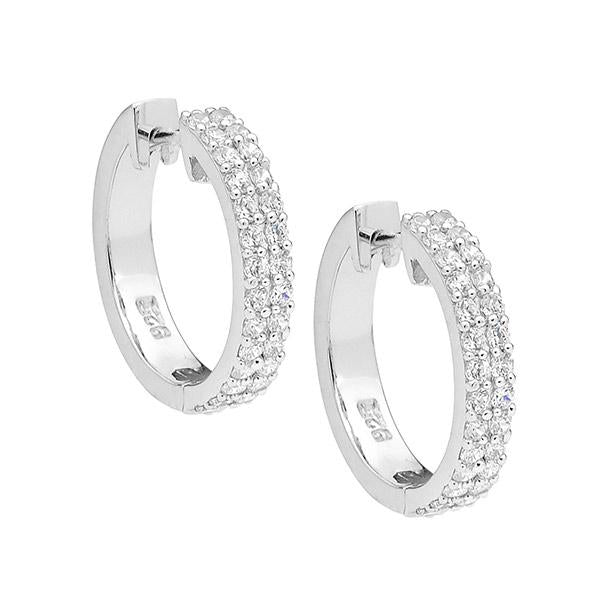 Ellani Sterling Silver White Cubic Zirconia Double Row 1.8mm Huggie Hoop Earrings