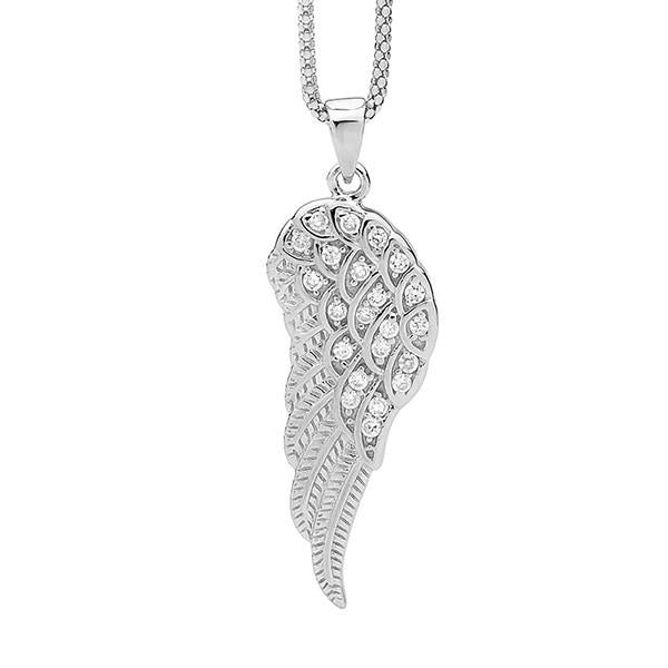 Ellani Sterling Silver White Cubic Zirconia Angel Wing Pendant