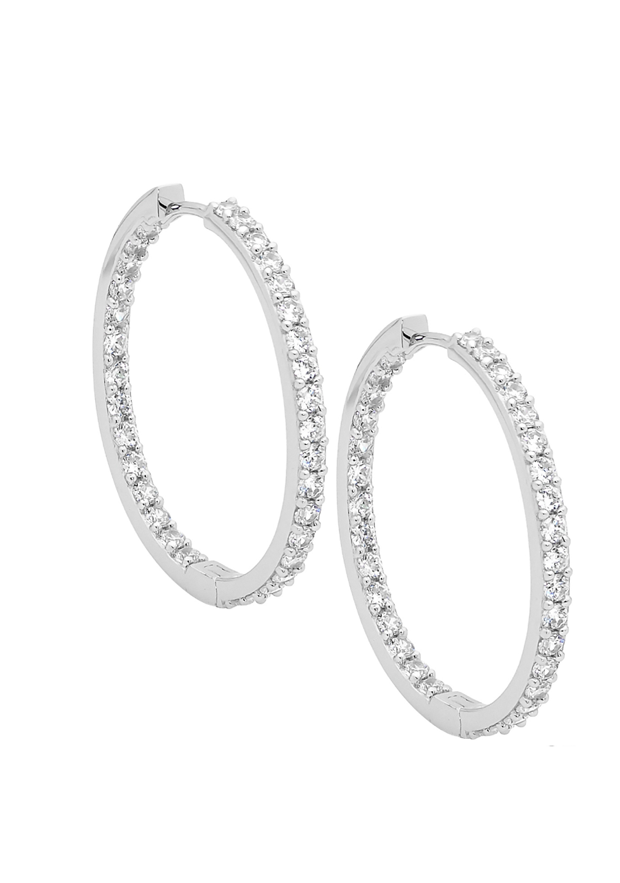 Ellani Sterling Silver White Cubic Zirconia Inside Out 3.5cm Huggie Hoop Earrings