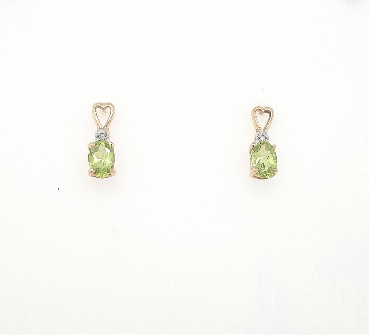 9ct Yellow Gold Oval Peridot Four Claw & Round Brilliant Diamond Heart Shape Stud Earrings