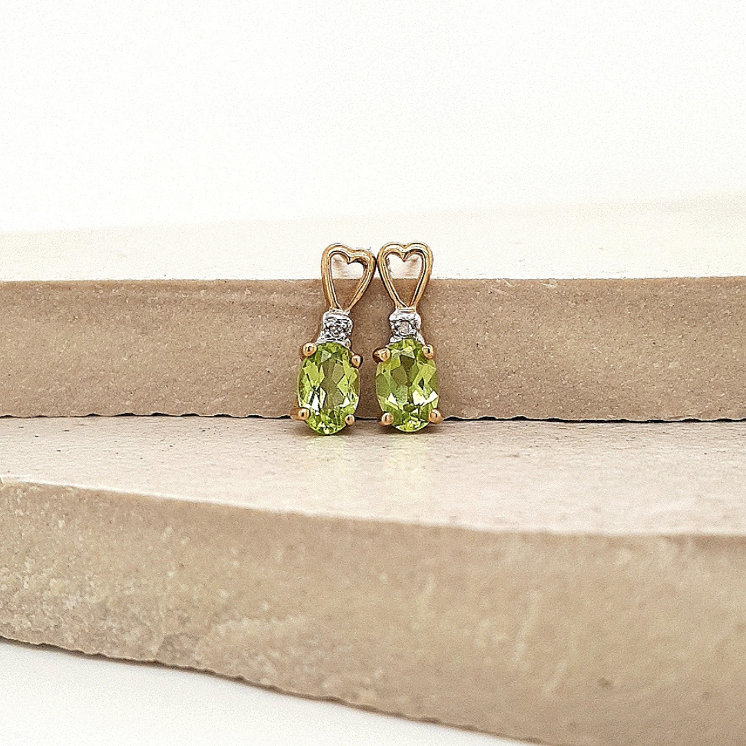 9ct Yellow Gold Oval Peridot Four Claw & Round Brilliant Diamond Heart Shape Stud Earrings