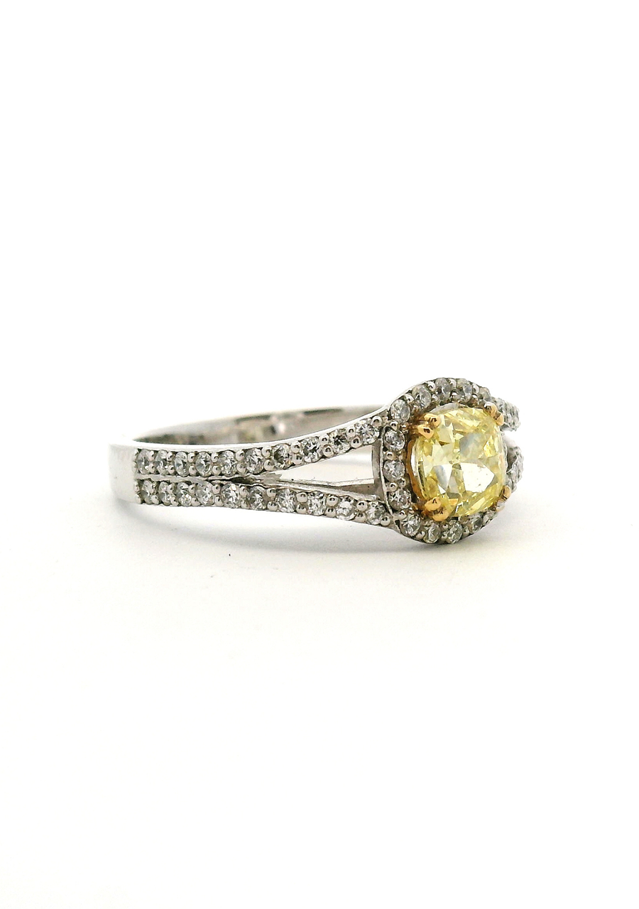 18ct White Gold Yellow Cushion Diamond Halo Ring