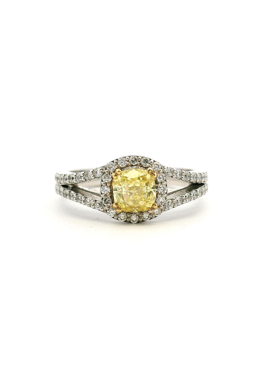 18ct White Gold Yellow Cushion Diamond Halo Ring