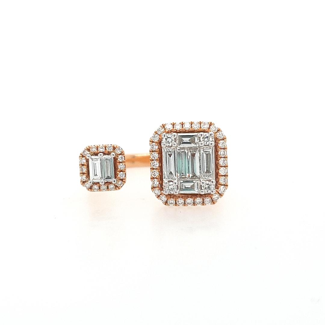 18ct Rose Gold 0.3583ct Baguette & 0.258ct Round Brilliant Claw Set Diamond Double Square Cuff Open Band Ring