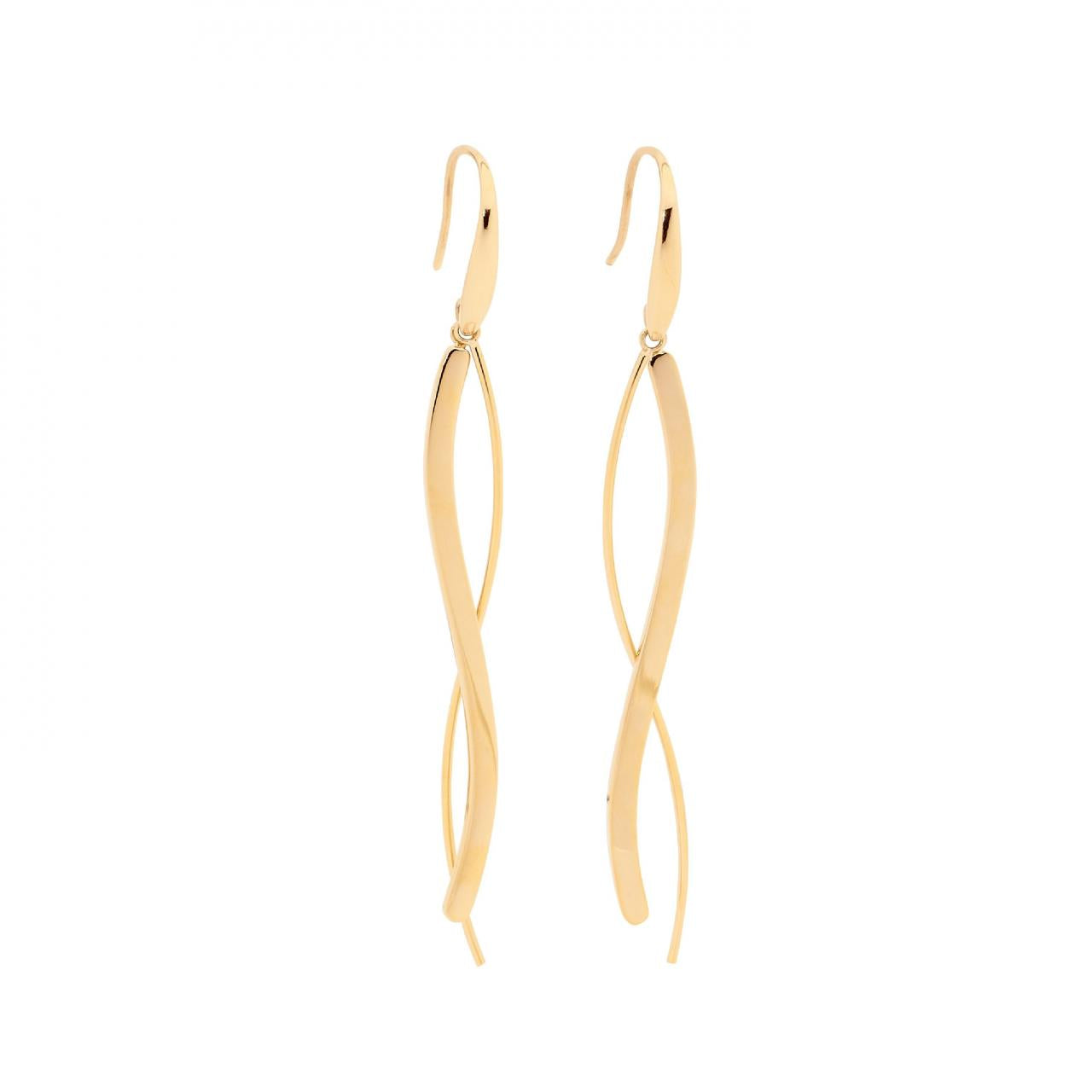 Ellani Stainless Steel & IP Yellow Gold Plated Long Wave x2 Drop Hook Earrings
