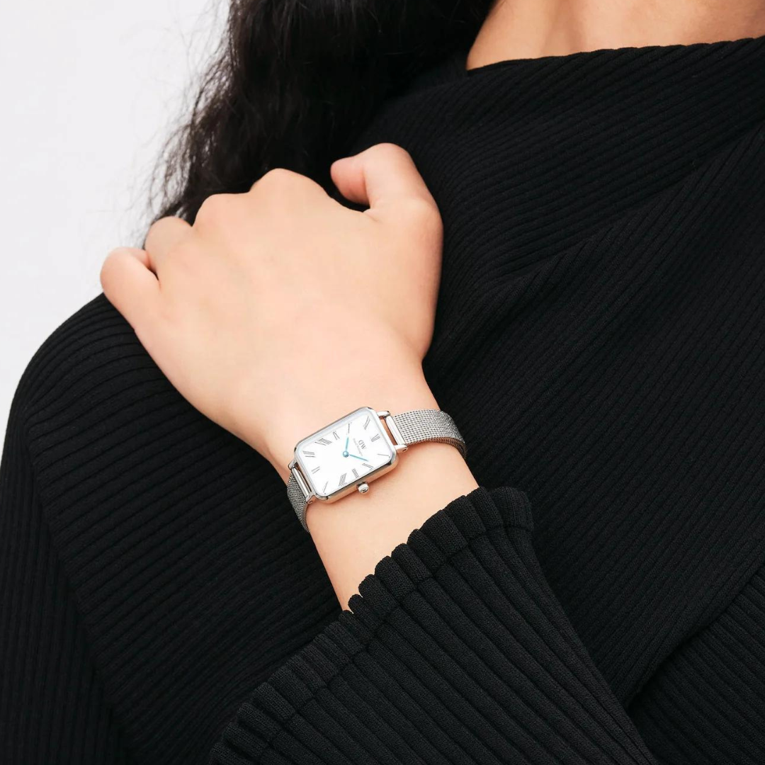 Daniel Wellington 20x26 Quadro Roman Numerals Sterling Silver Mesh Strap Watch