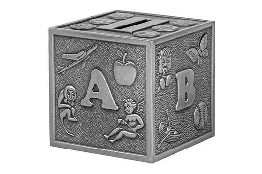 Children's ABC Money Box in Pewter