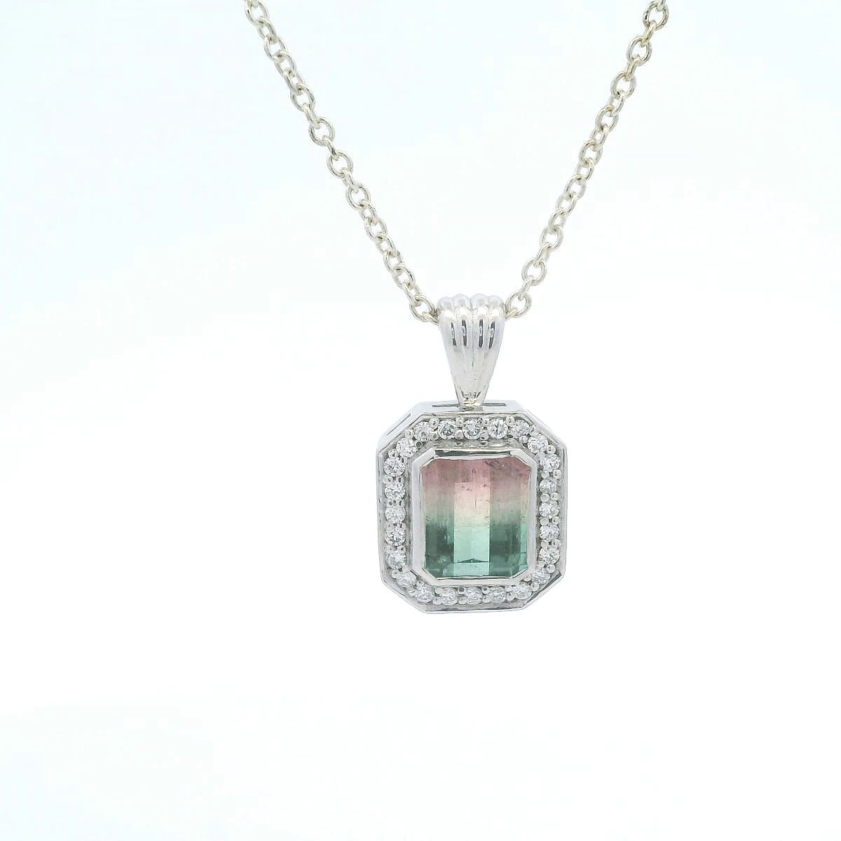 Watermelon Tourmaline & Diamond Halo Pendant