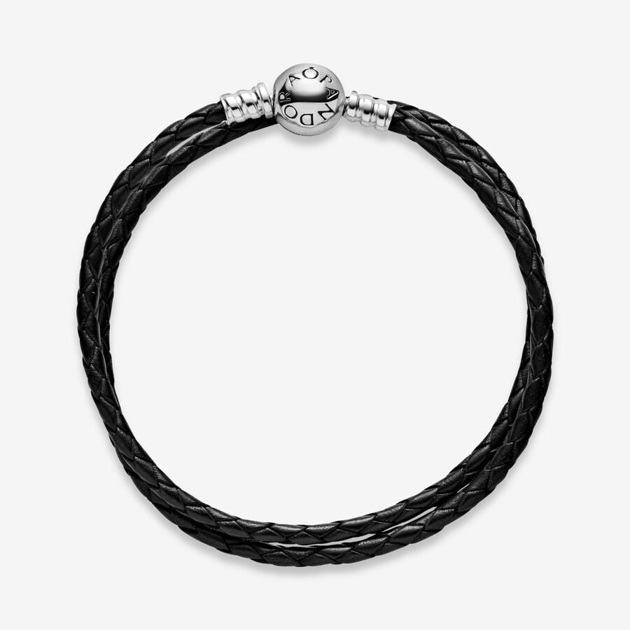 Pandora Stg Silver Moments Double Black Woven Leather Bracelet with Silver Clasp