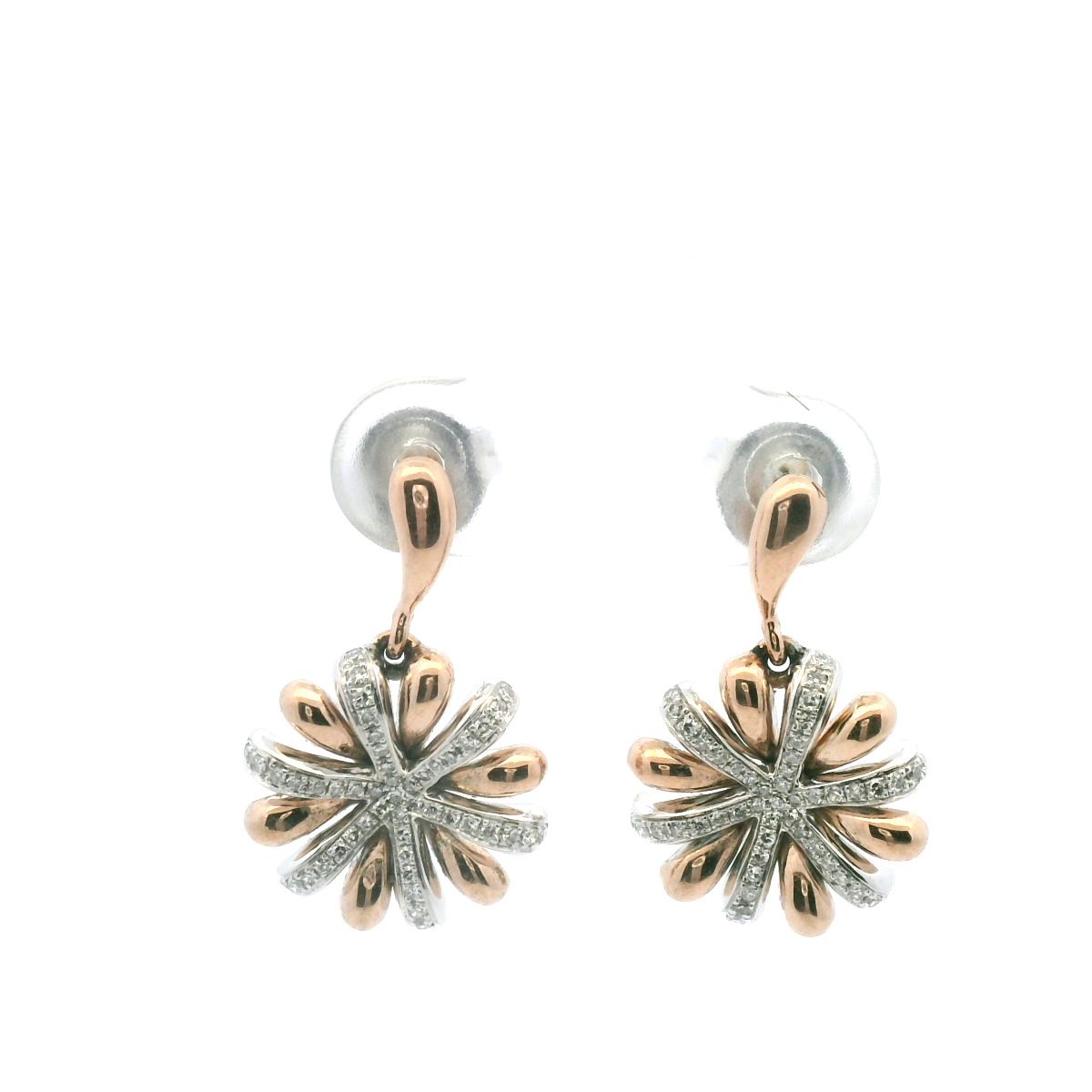 9ct Rose & White Gold Diamond Flower Drop Stud Earrings