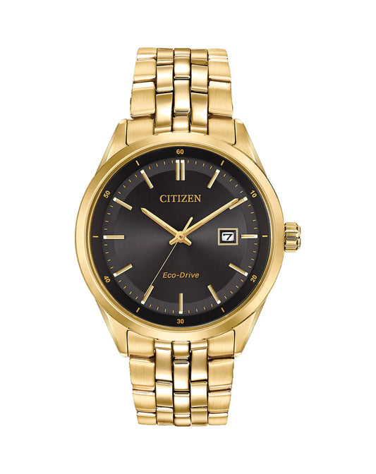 Citizen Gents Eco-Drive Yellow Gold Plated Black Face Watch 100m Water Resistant BM7252-51E