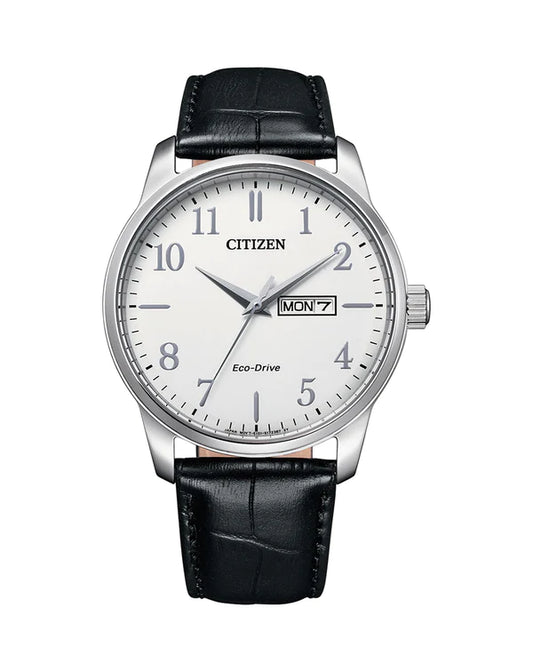 Citizen Gents Eco-Drive White Face Black Leather Strap Watch 100m Water Resistant BM8550-14A