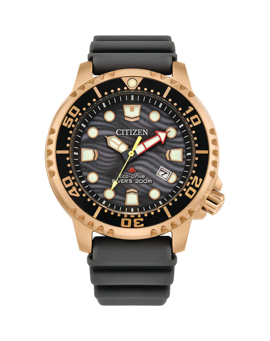 Citizen Gents Eco-Drive Divers Yellow Gold Plated Black/Gray Dial Black Rubber Strap Watch 200M WR Watch Code: BN0163-00H