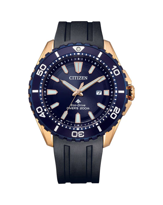 Citizen Gents Eco-Drive Divers Yellow Gold Plated Dark Blue Dial Black Rubber Strap Watch 200M WR Watch Code: BN0196-01L