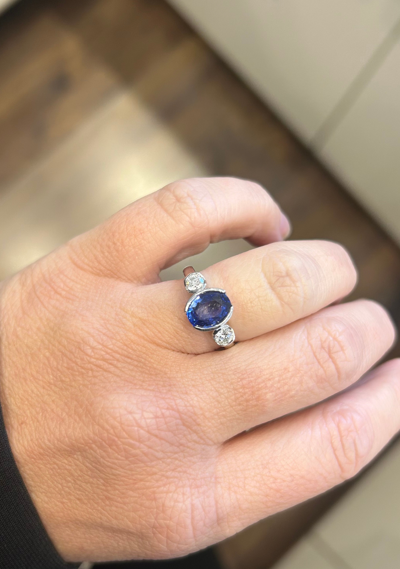 Sapphire & Diamond 18ct White Gold Semi Bezel Set Three Stone Ring