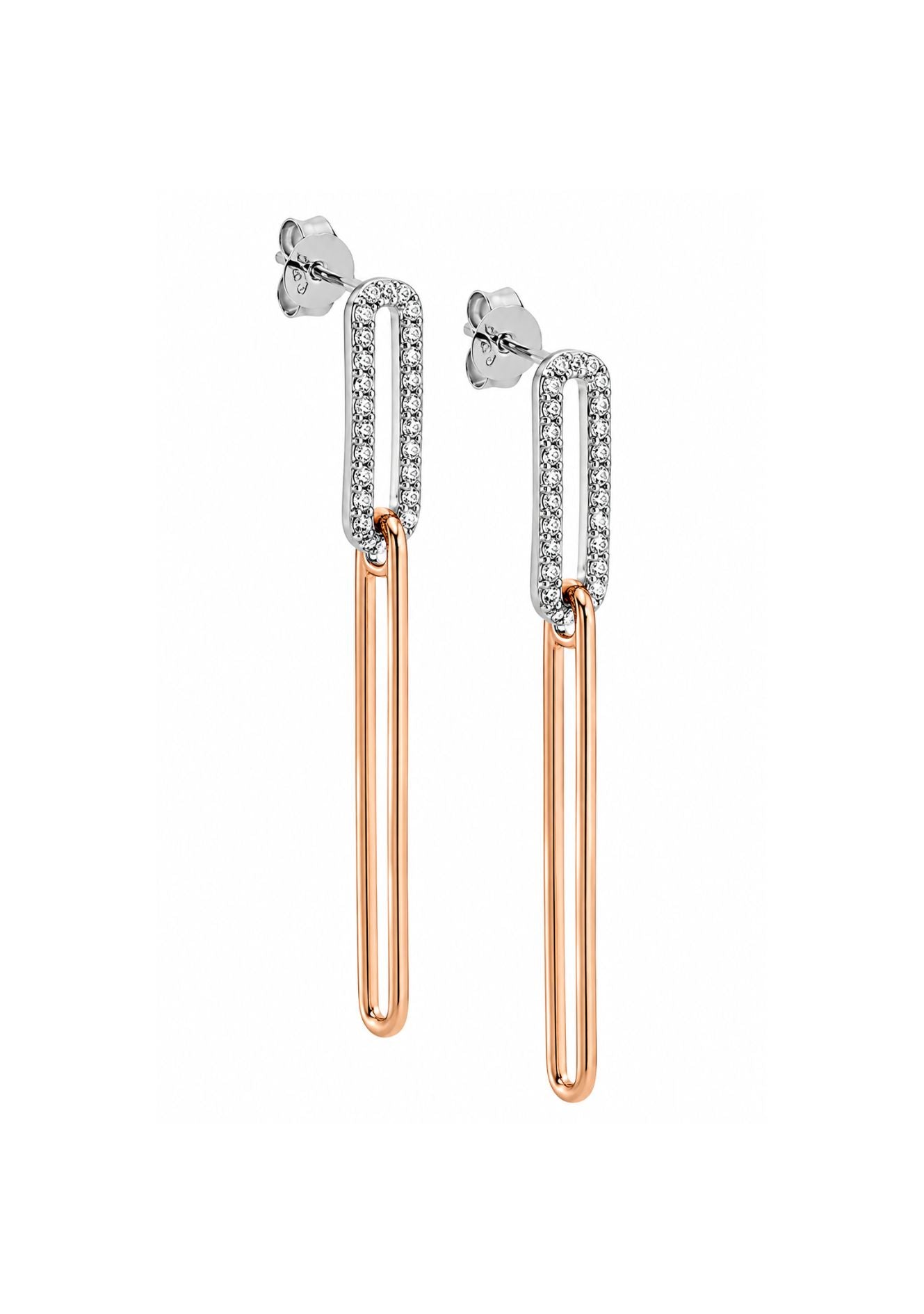 Ellani Sterling Silver Rose Gold Plated CZ Open Oval Link Drop Stud Earrings