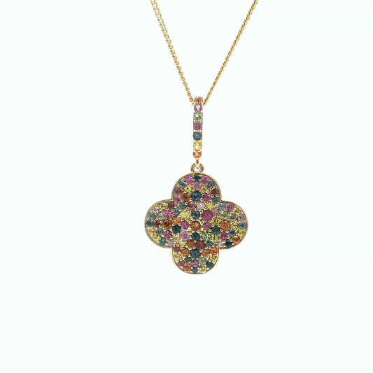 Sapphire Mixed Colour 9ct Yellow Gold Clover Pave Set Pendant