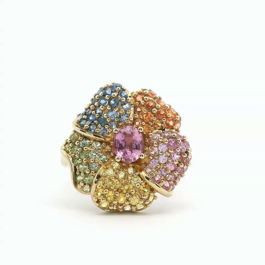 Sapphire Mixed Colour 9ct Yellow Gold Flower Pave Style Ring