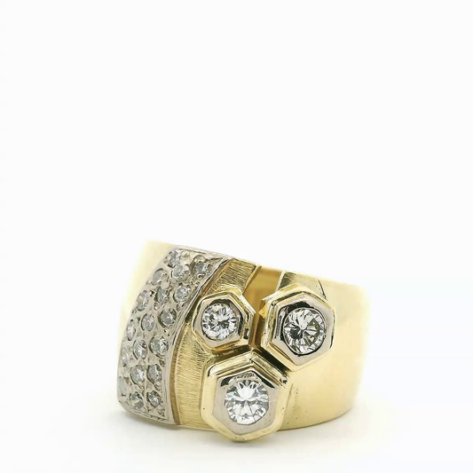 Estate 18ct Yellow Gold Diamond Hex Bezel Set Diamond Wide Dress Ring