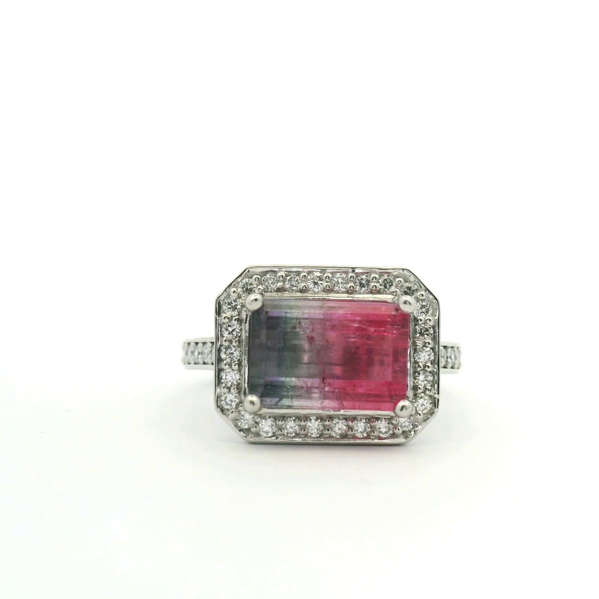 Watermelon Tourmaline & Diamond 18ct White Gold Halo Ring