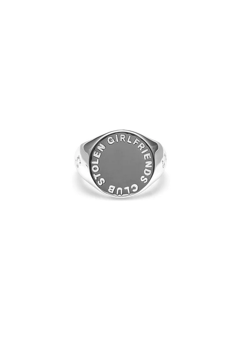 Stolen Girlfriends Club Sterling Silver Text Logo Sovereign Ring Size V