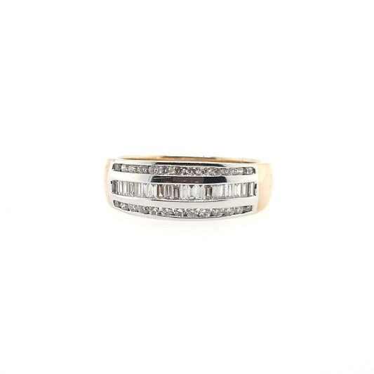 9ct Yellow & White Gold 0.47ct Baguette & Round Brilliant Channel Set Diamond Three Row Wide Band Ring