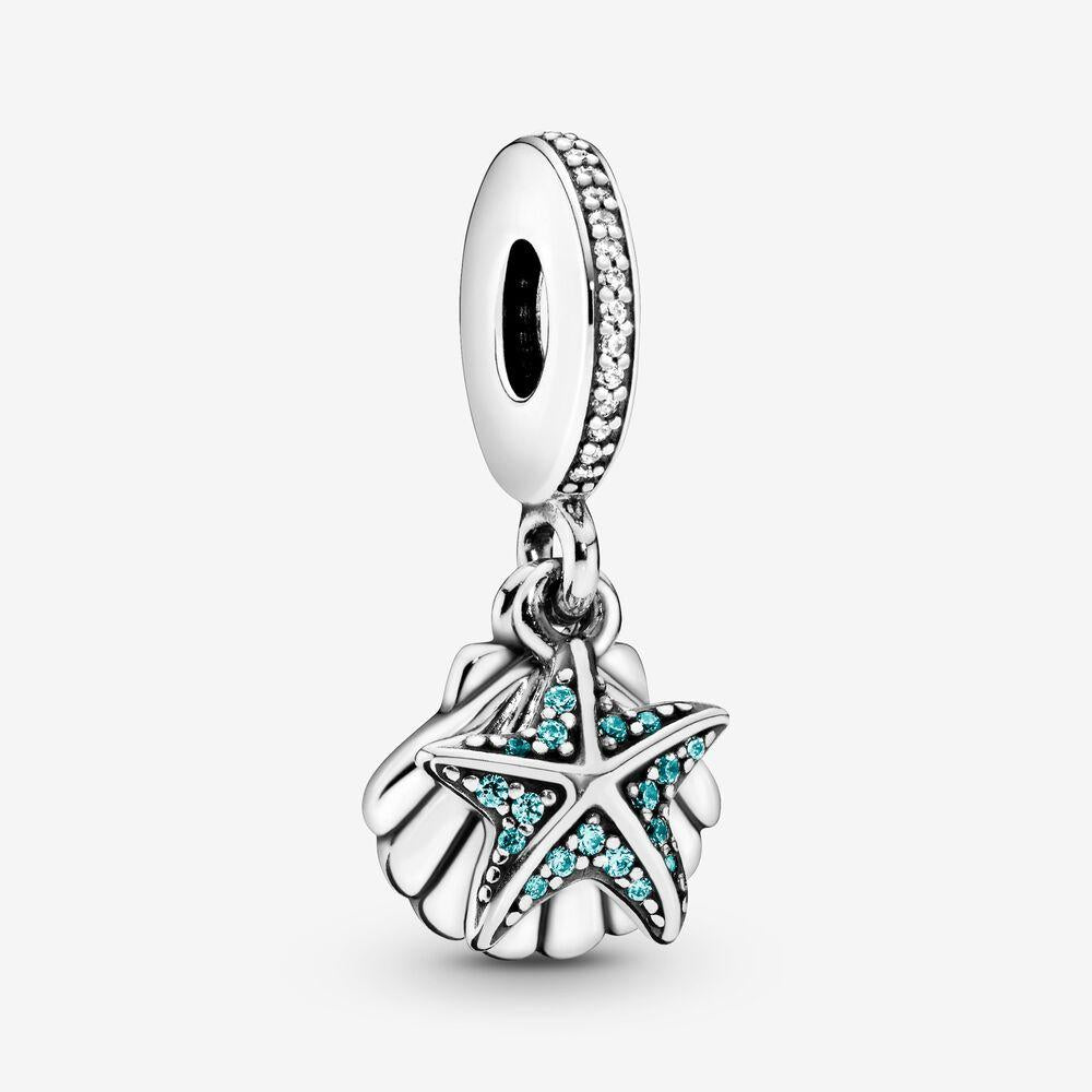 Pandora Sterling Silver Tropical Starfish & Sea Shell Hanging Charm with Mint & Clear CZ 792076czf