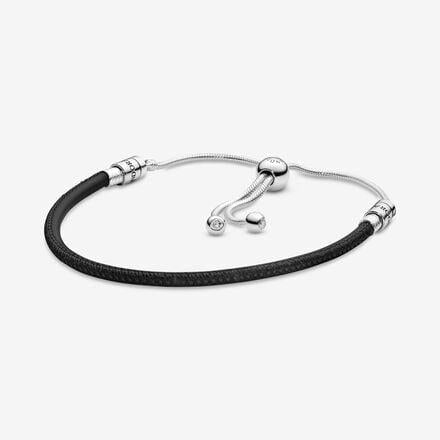 Pandora Sterling Silver Black Moments Sliding Leather Bracelet Size 2