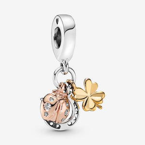 Pandora Sterling Silver, 14ct Rose Gold Plated & 14ct Gold Plated Horseshoe, Clover & Ladybird Hanging Charm 798717c01