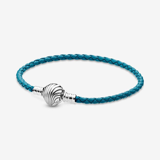 Pandora Stg Silver Moments Turquoise Leather Bracelet with Shell Clasp 598951c01
