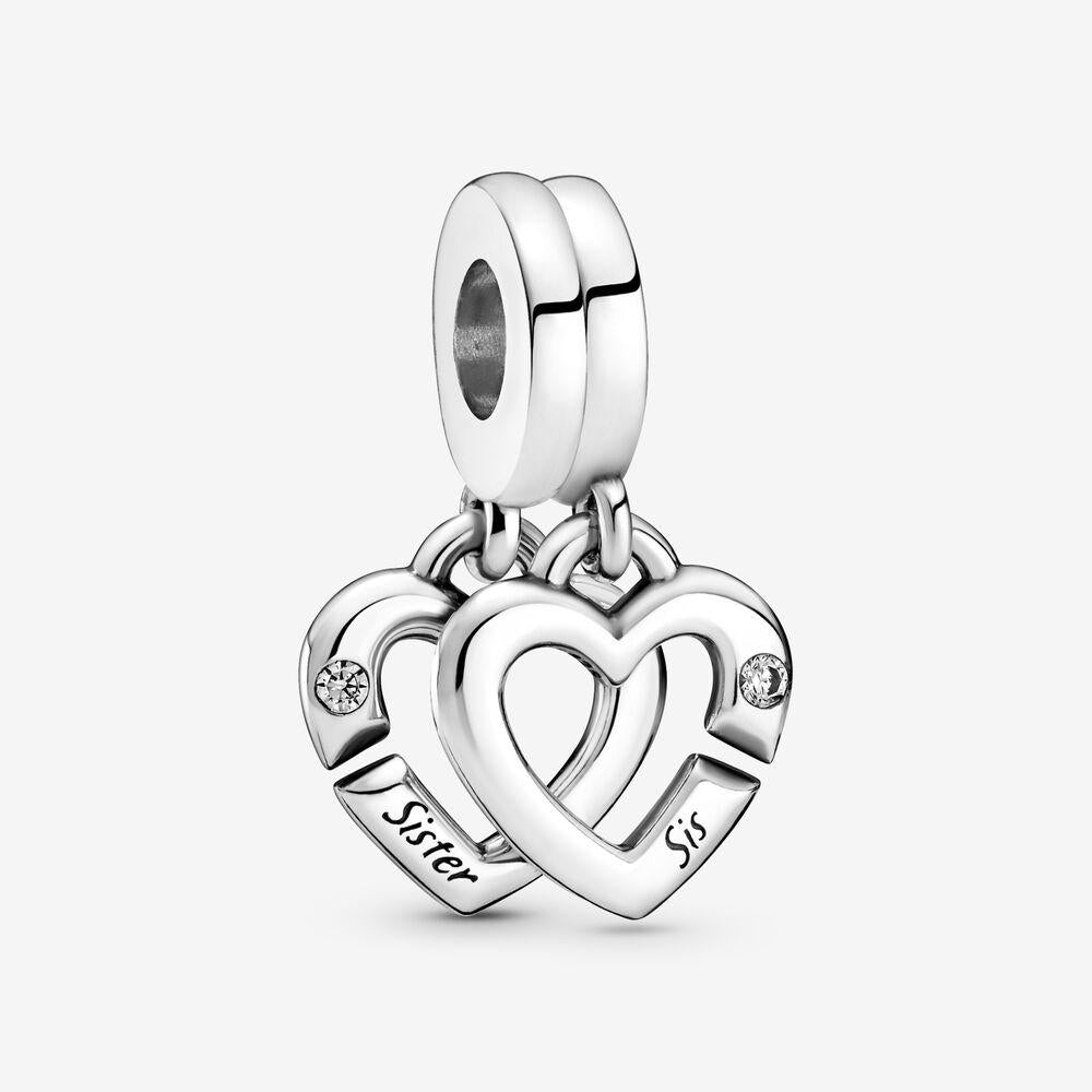 Pandora Silver Sister Double Heart Hanging Charm with Clear CZ 799538c01