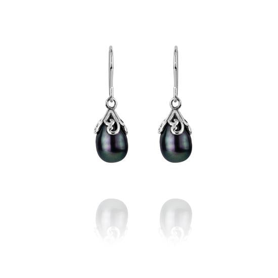 Evolve Sterling Silver Black Freshwater Pearl Love Drop Hook Earrings